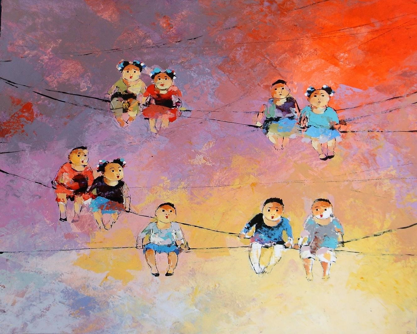 tableau de l'artiste Abiy Gediyon représentant des enfants sur un fil dans un ciel coloré