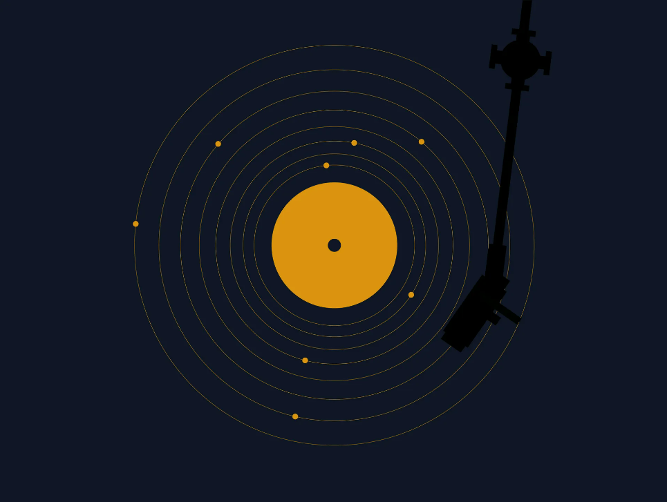 Vinyle représenté sous la forme d'un système solaire et dessin stylisé du bras d'une platine vinyle