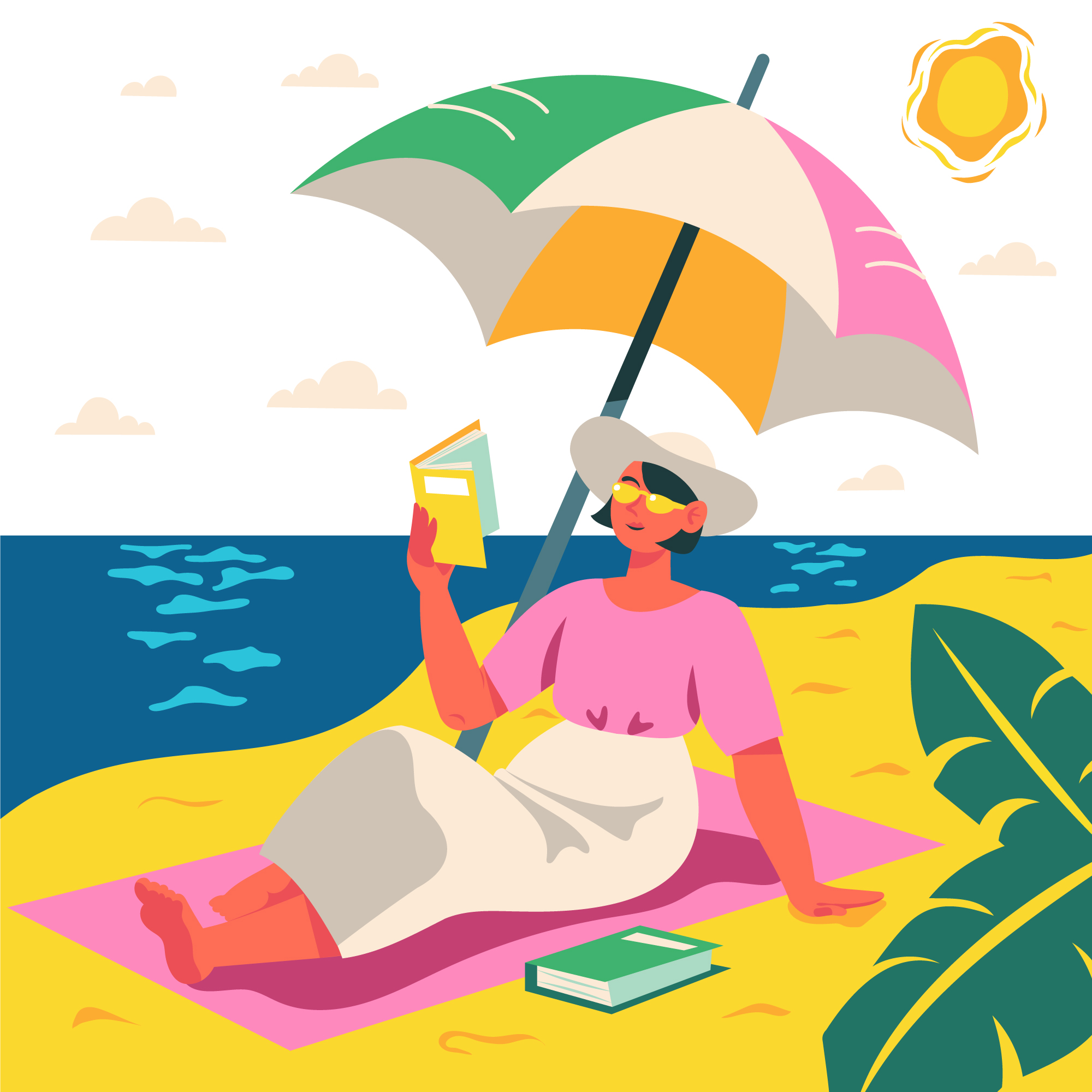 Femme sous un parasol sur la plage en train de lire