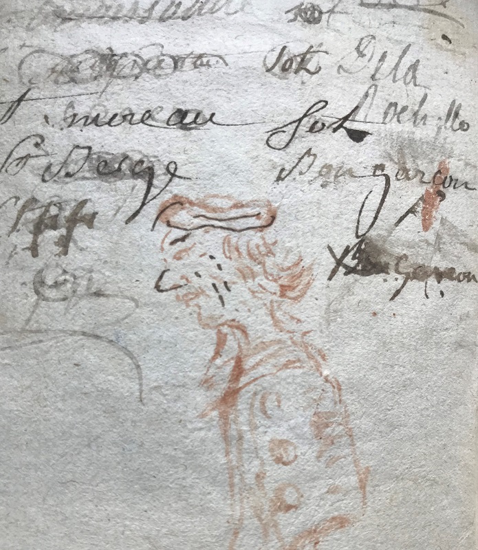 Ecriture manuscrite accompagné d'un dessin d'un homme. Gribouillage sur un livre ancien de la médiathèque Pierre-Moinot de Niort