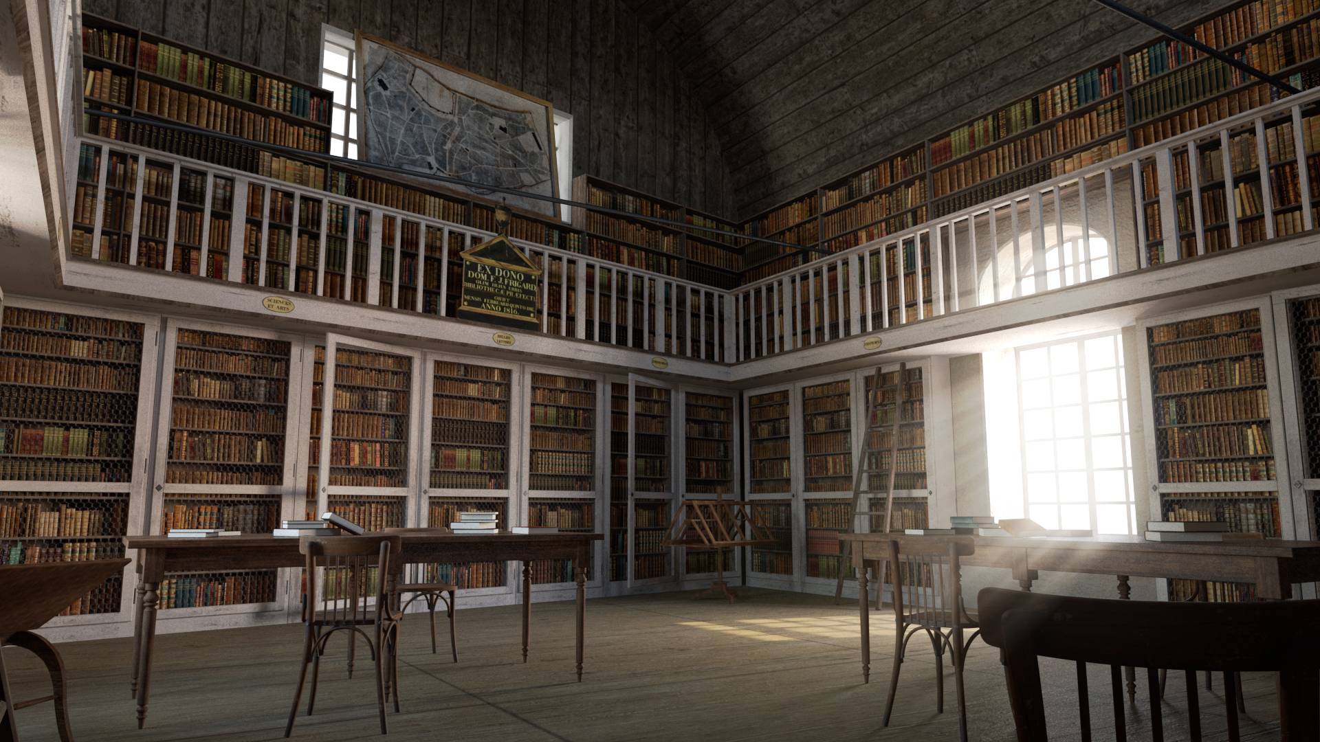 Reconstitution intérieure d'une salle intérieur de la bibliothèque dans la deuxième moitié des années 1920. Murs d'étagères tout autour de la pièce et présence de quelques tables, coursive à l'étage qui dessert des étagères