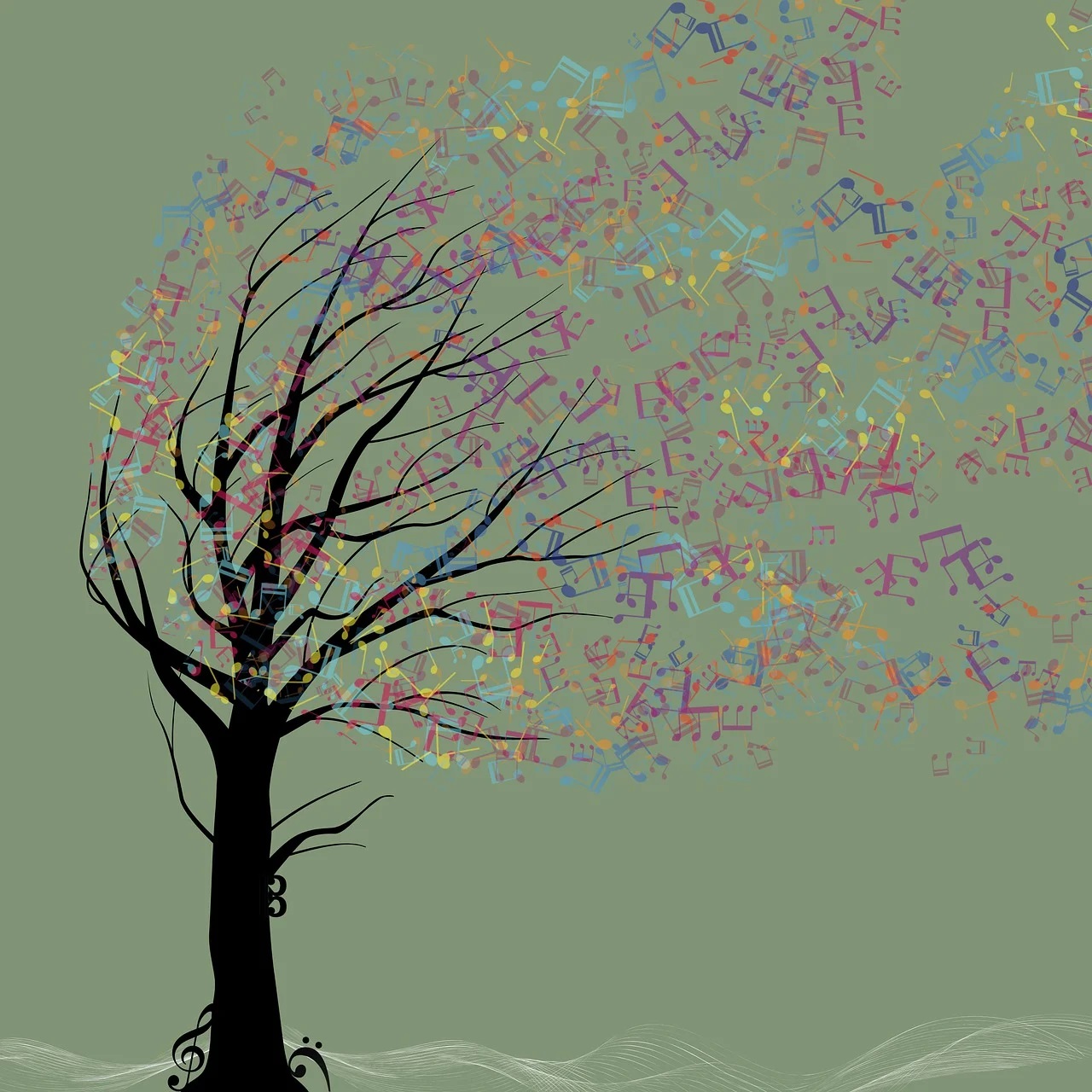 Illustration d'un arbre avec des notes de musique colorées pour feuillage