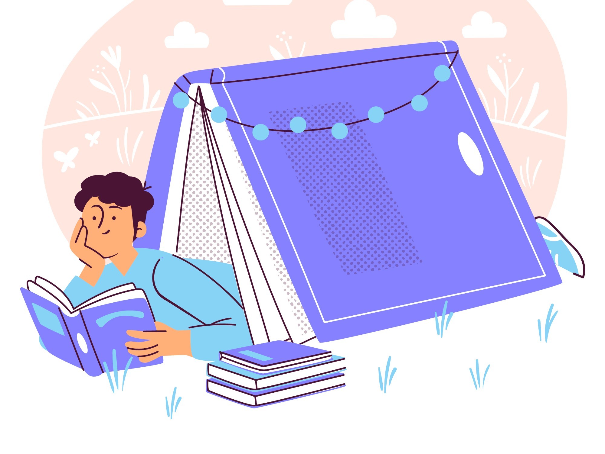 Un homme lisant allongé sous un livre