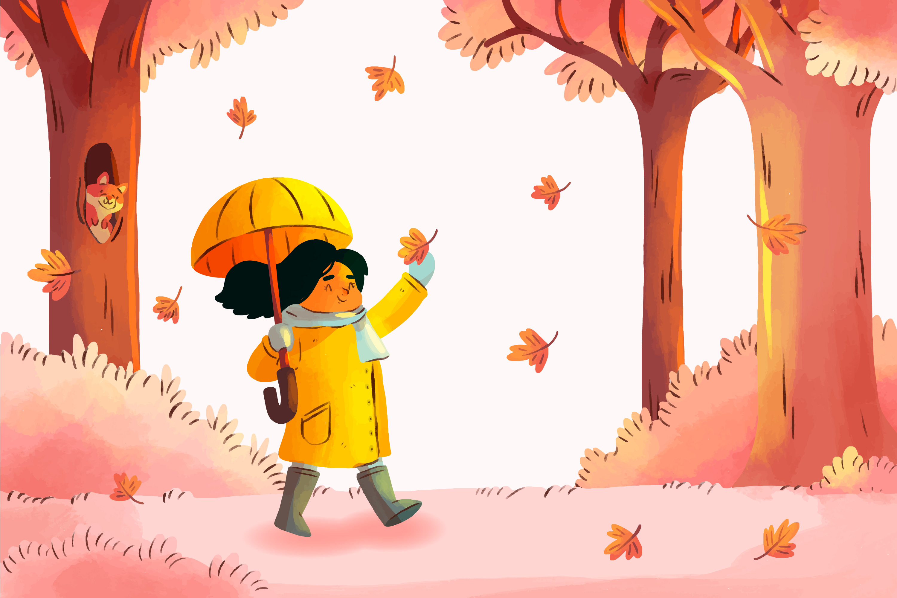 illustration d'une petite fille dans un paysage d'automne